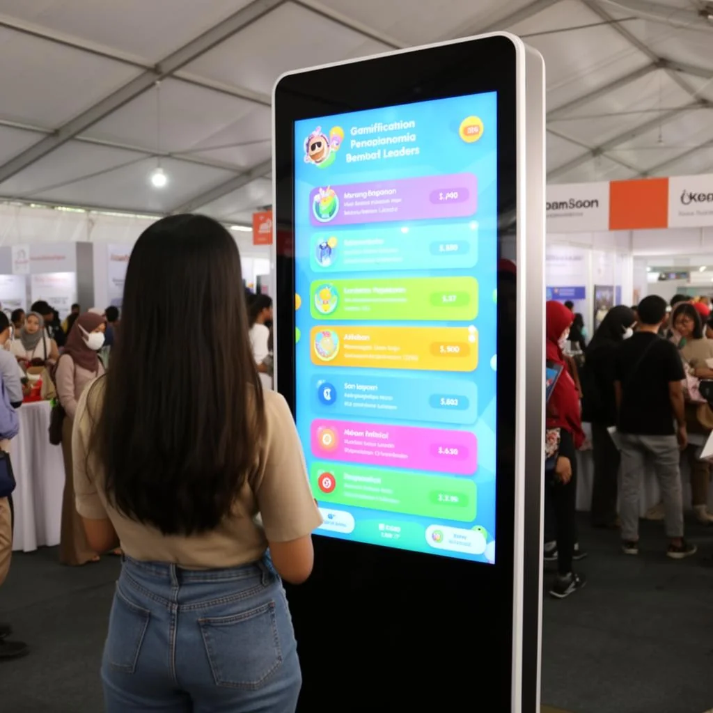 Peserta event Indonesia menunjukkan aplikasi gamifikasi dengan leaderboard real-time di big screen