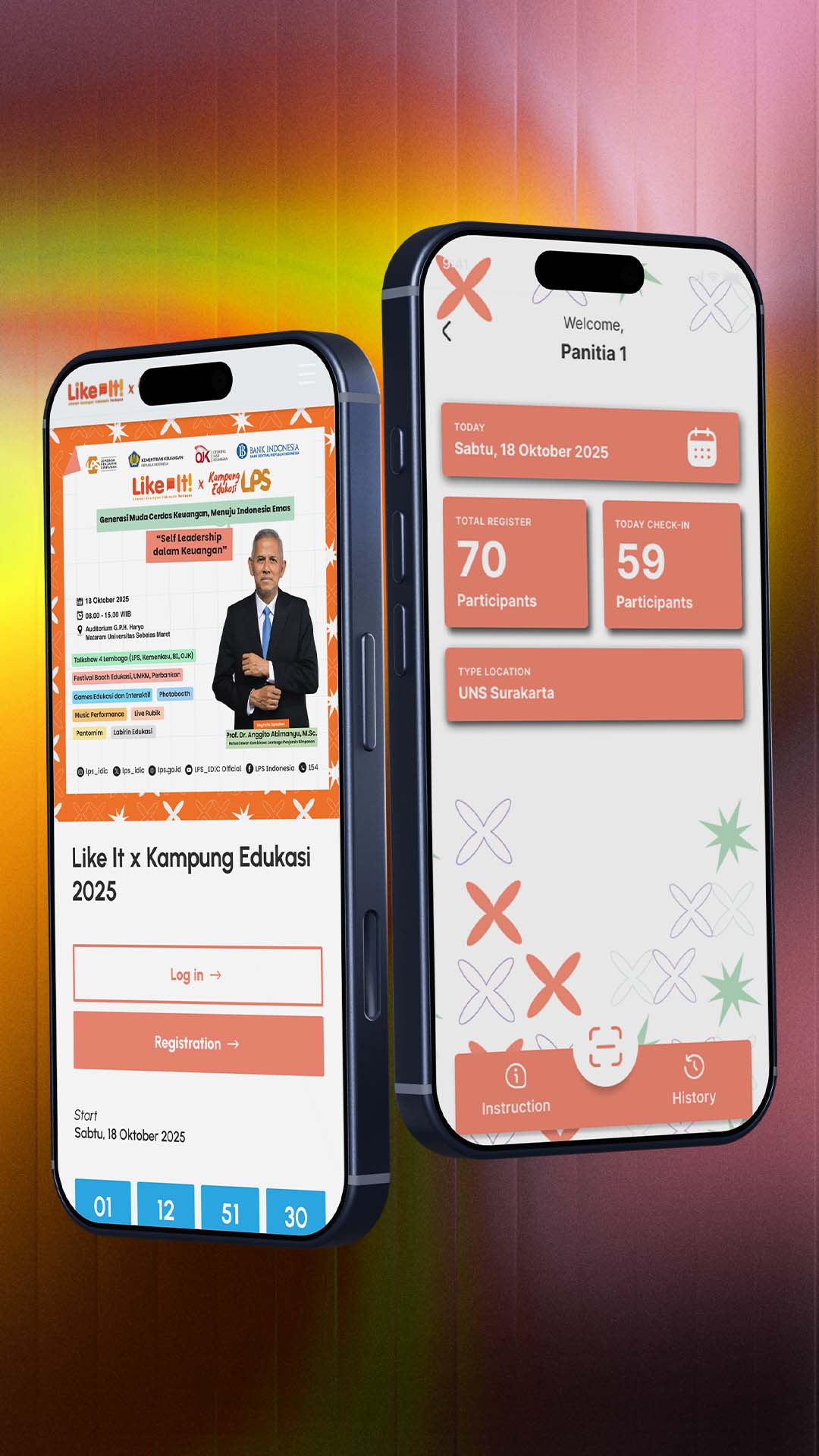 Mockup aplikasi Like It x Kampung Edukasi 2025 — landing registrasi peserta & dashboard panitia check-in