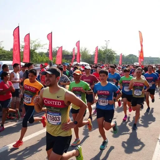 Pelari fun run melintasi garis start dengan nomor BIB peserta